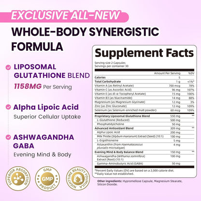 Liposomal Glutathione 1158mg with Astaxanthin for Skin Health 60 Vegan CT | 15-in-1 with Milk Thistle, Alpha Lipoic Acid, Antioxidant Complex for Nighttime Skin Radiance, Cellular Health & Liver Detox