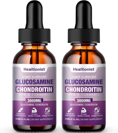 2 Pack Glucosamine Chondroitin MSM Liquid Drops, Extra Strength Joint Support Supplement for Adults Men & Women, Quercetin Boswelia, Bromelain, Antioxidant Immune Support (4 Fl oz)