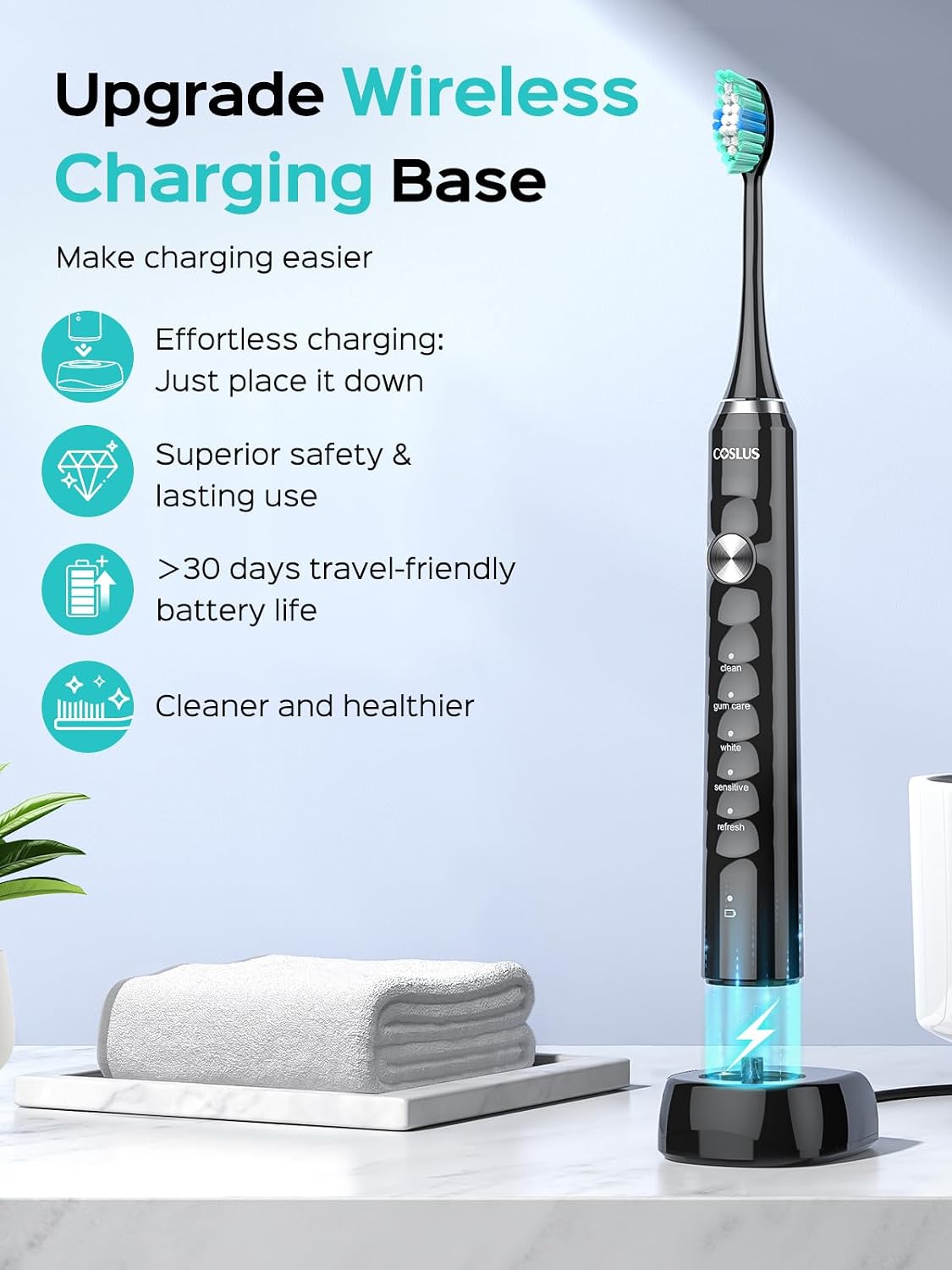 COSLUS C40 Sonic Electric Toothbrush for Adults & Family, Black, 1PC