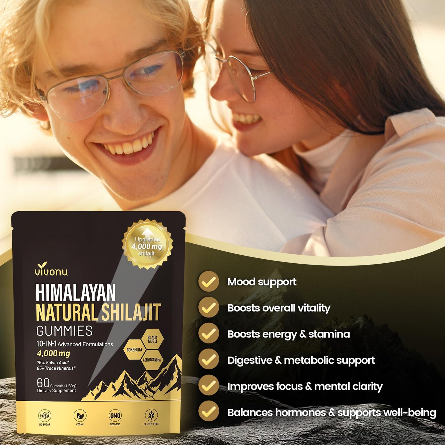 VivoNu Shilajit* Gummies,Pure Himalayan* micronutrient Supplement, Himalayan Premium Ingredient with Shilajit, Ashwagandha, Gokshura, Fulvic Acid & 85+ Trace Minerals I for Men & Women (4000MG/1 Bag)