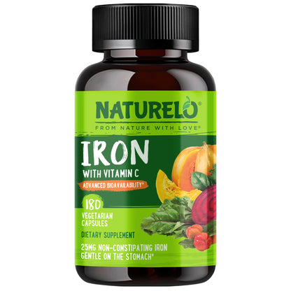 NATURELO Vegan Iron Supplement with Vitamin C and Organic Whole Foods - Gentle Iron Pills for Women & Men with Iron Deficiency Including Pregnancy, Anemia and Vegan Diets - 90 Mini Capsules