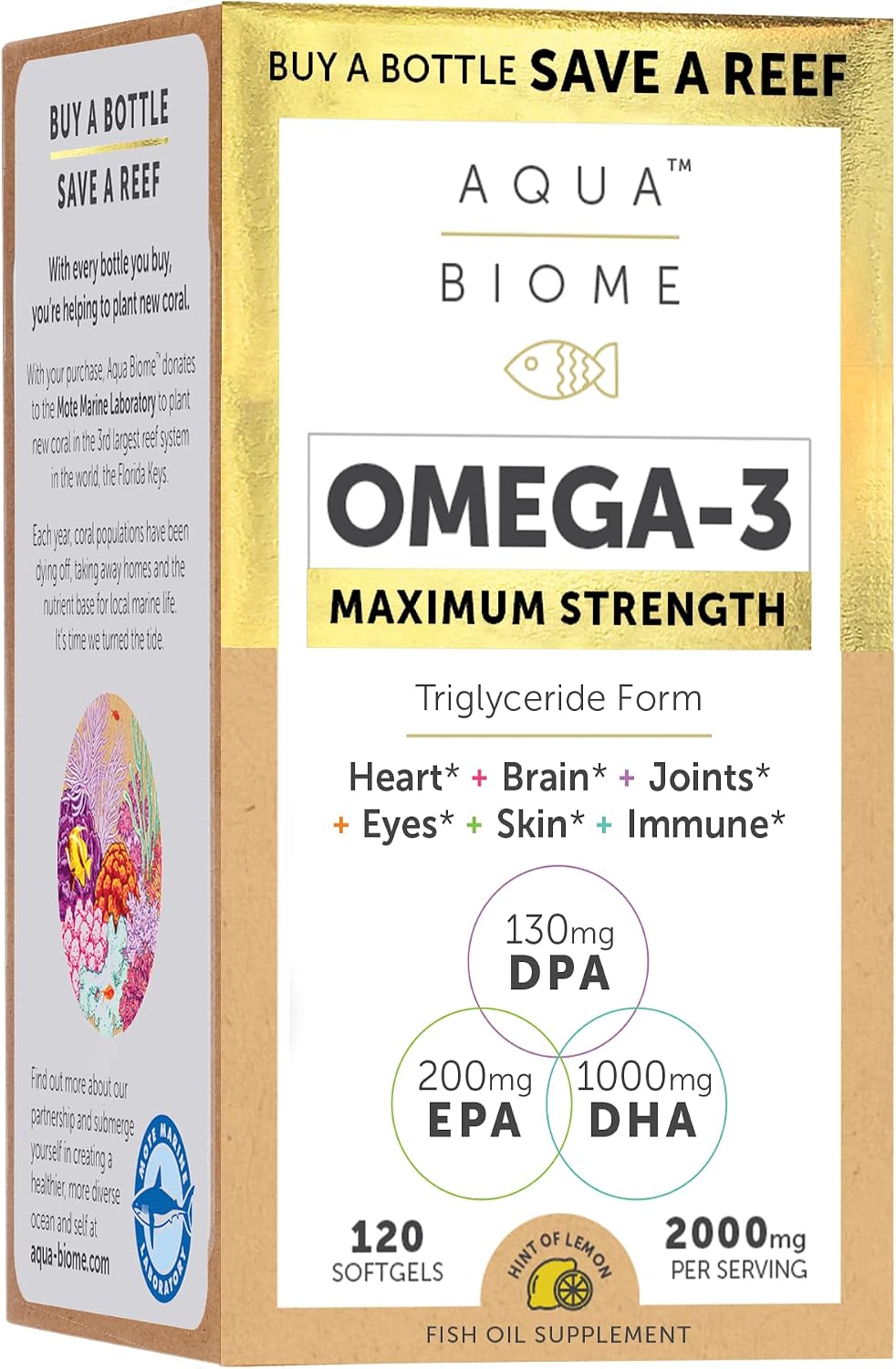 Aqua Biome by Enzymedica Omega 3 Fish Oil Maximum Strength - 120 Softgels | Fish Oil Omega 3 Fatty Acid Supplement for Women & Men, Source of DPA, EPA, & DHA, Heart & Brain Health Support, Gluten Free
