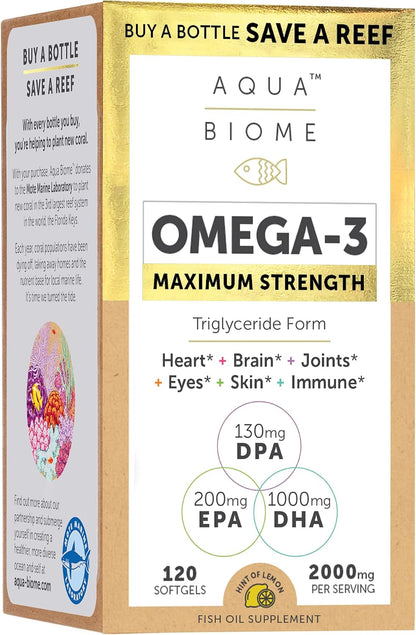 Aqua Biome by Enzymedica Omega 3 Fish Oil Maximum Strength - 120 Softgels | Fish Oil Omega 3 Fatty Acid Supplement for Women & Men, Source of DPA, EPA, & DHA, Heart & Brain Health Support, Gluten Free