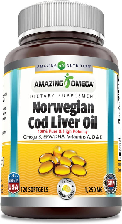 Amazing Omega Norwegian Cod Liver Oil 1250 Mg Softgels Supplement | Omega-3, EPA, DHA, Vitamin A, Vitamin D & Vitamin E (Lemon | 120 Count)