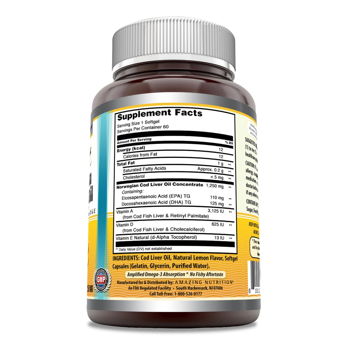 Amazing Omega Norwegian Cod Liver Oil 1250 Mg Softgels Supplement | Omega-3, EPA, DHA, Vitamin A, Vitamin D & Vitamin E (Lemon | 120 Count)