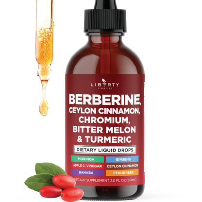 Berberine with Ceylon Cinnamon Supplement Liquid Drops + Bitter Melon Extract, Glucomannan, Gymnema, Chromium, Turmeric, Panax Ginseng, Moringa- 4 OZ