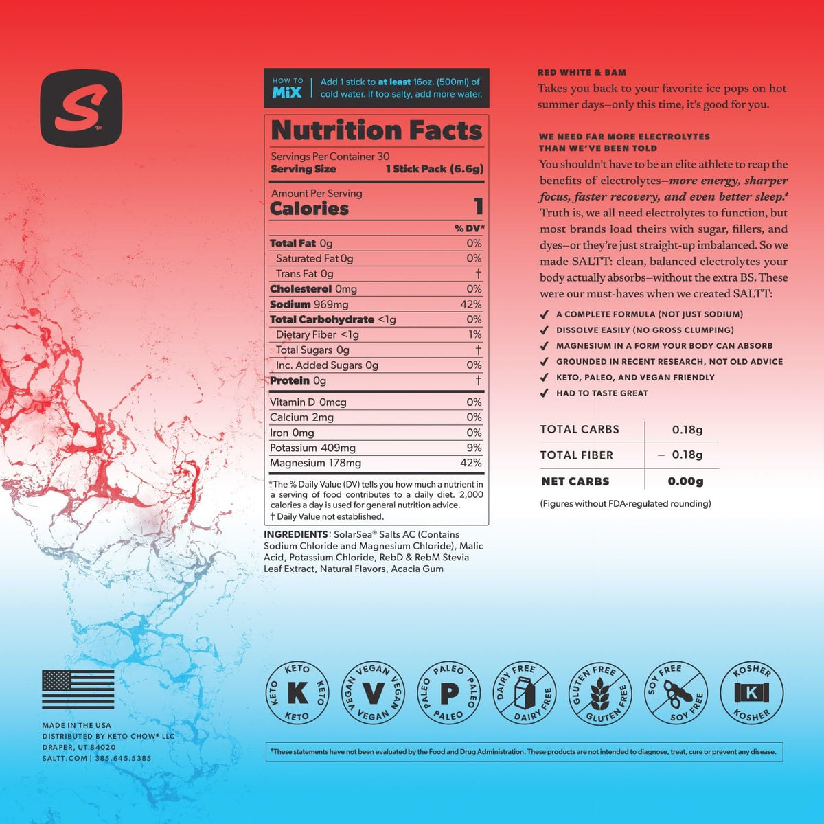 SALTT Electrolyte Packets - Clean Slate (30 Sticks) - Zero Sugar