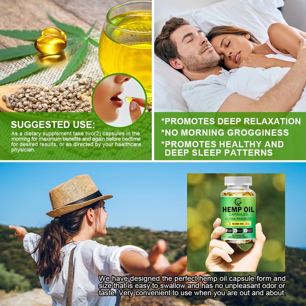 (2-Pack) High Potency Hemp Oil Capsules - 180 Veggie Softgels - 60,000 Maximum Strength, Immune System Support, Focus Calm, Relaxation, Mood, Pure Extract, Organic, Vegan, Non-GMO