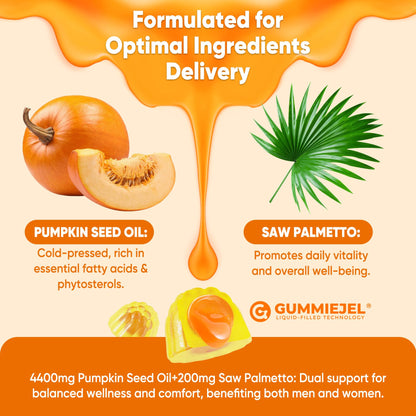 Pumpkin Seed Oil Gummies 4400mg with Saw Palmetto, GLP-1 Friendly, Cranberry, Lycopene, Vitamin E, Zinc, Cold Pressed, Pure Virgin Pumpkin Seed Oil with Essential Fatty Acid for Women & Men, 60 Count