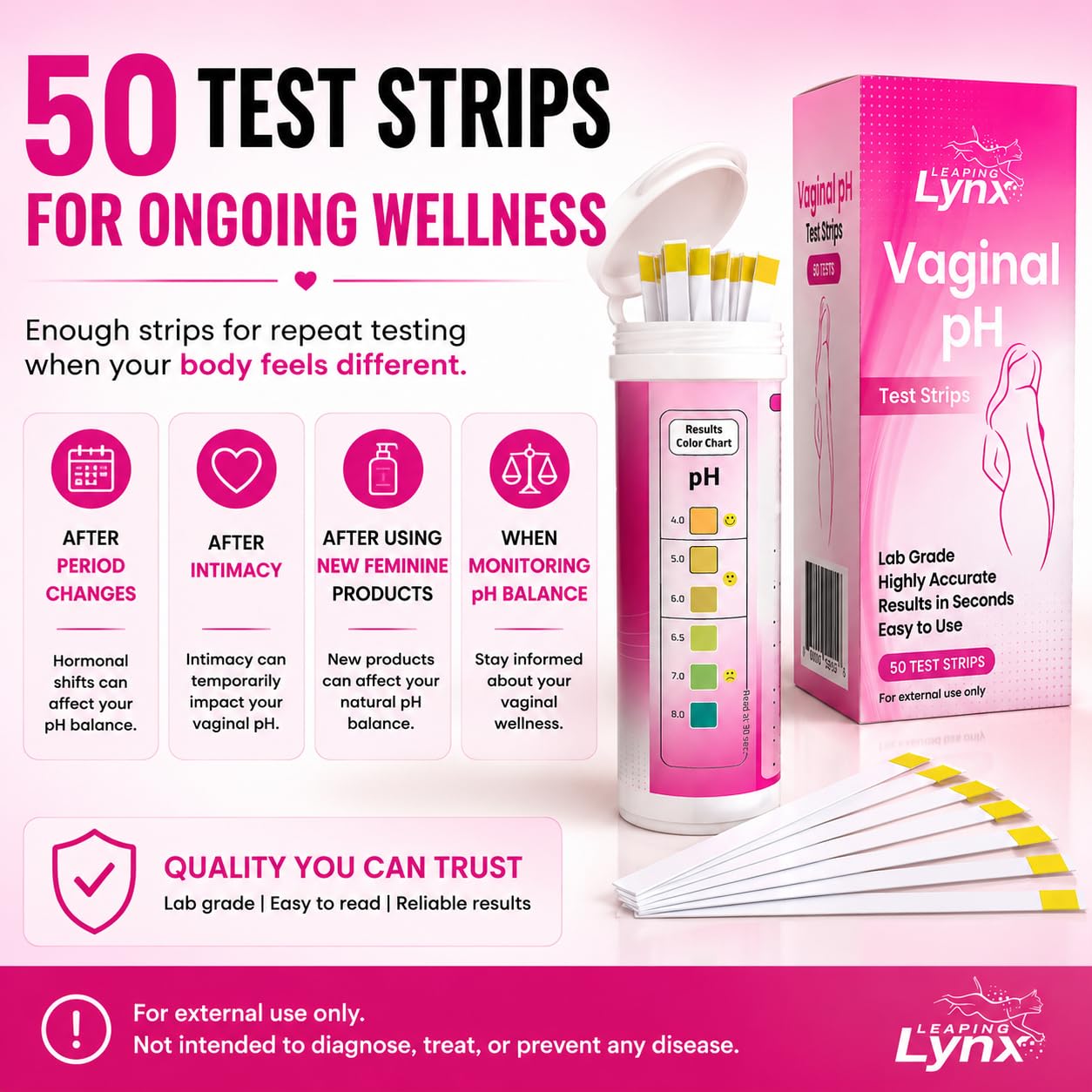 Vaginal pH Test Strips for Women – 50 Count | BV, Yeast & UTI Risk Screening | pH Range 4.0-8.0 | Easy Home Feminine Care Balance Check