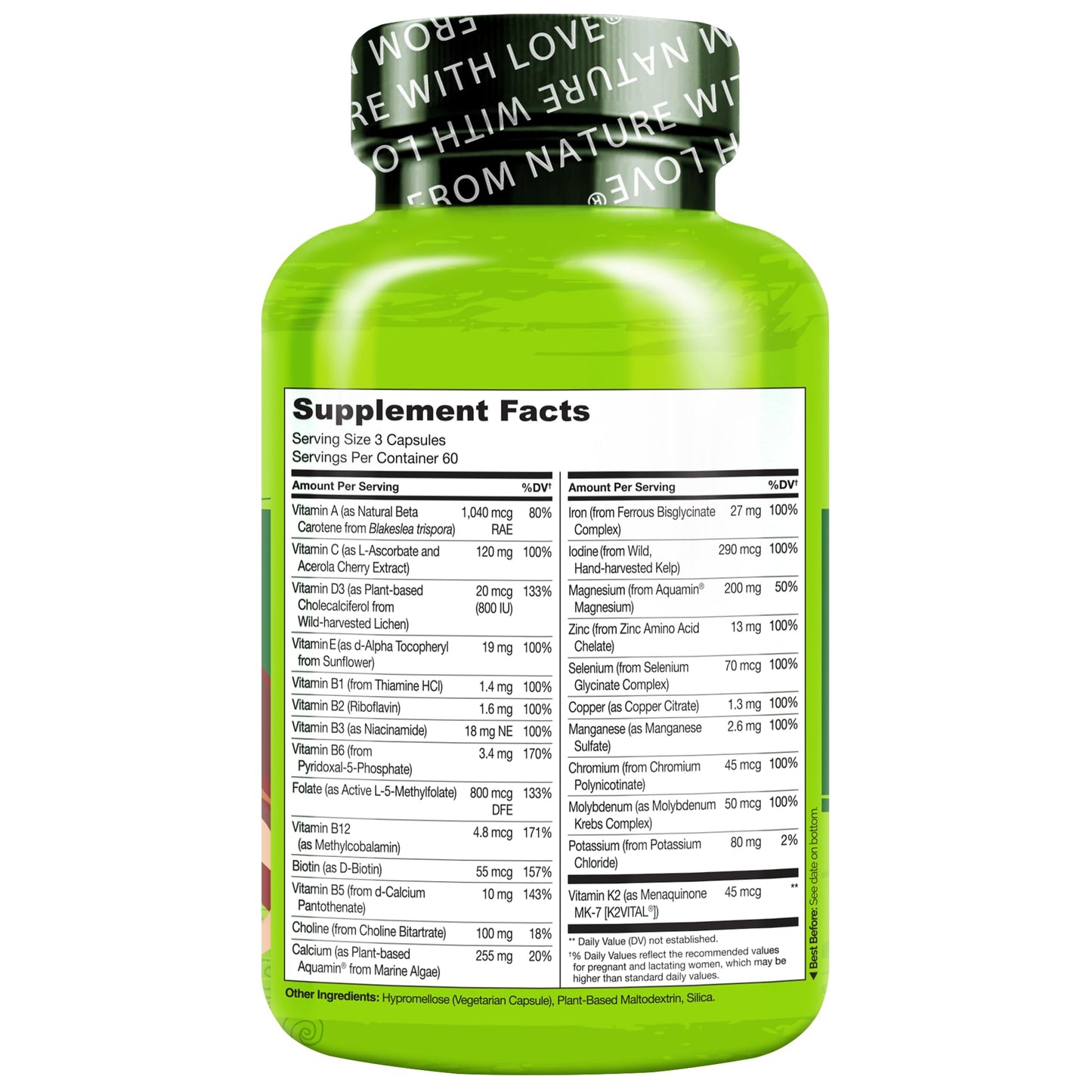 NATURELO Prenatal Multivitamin with Gentle Chelated Iron, Methyl Folate, Plant Calcium & Choline - Vegan, Vegetarian - Non-GMO - Gluten Free - 180 Capsules - 2 Month Supply
