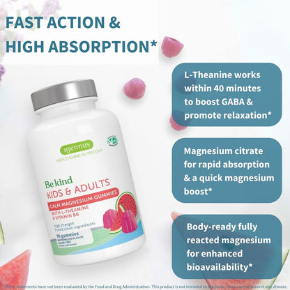Igennus High Absorption Magnesium Citrate Gummies with L-Theanine & B6, Calm & Nervous System Support for Adults & Kids, Sugar-Free, Clean Ingredients & Vegan, Watermelon Flavor, 45-90 Servings