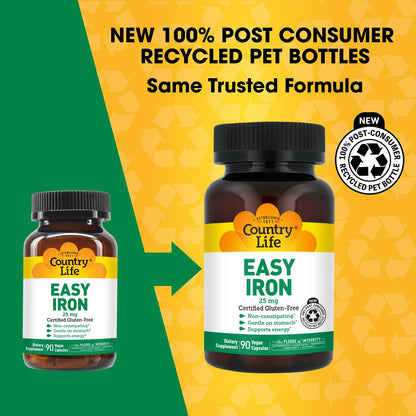 Country Life Easy Iron 25 mg | Gentle, Non-Constipating Iron Supplement | Supports Energy & Red Blood Cell Production | Certified Gluten-Free & Vegan | 90 Vegan Capsules