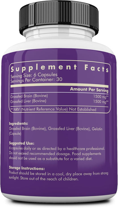 Ancestral Supplements Grass Fed Beef Brain Supplement with Liver, 180 Ct | Whole food brain and liver health formula supports brain function, mood and memory. Grass fed, non-GMO.