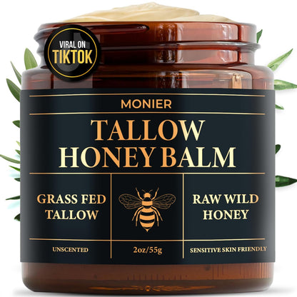 MONIER Beef Tallow and Honey Balm for Skin and Face – Moisturizer | 100%Organic Grass-Fed Beef Tallow & Raw Wild Honey, Natural Formula For Dry & Sensitive Skin, 2oz, Unscented