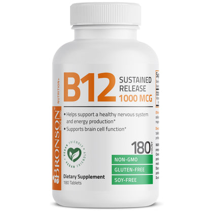 Bronson Vitamin B12 1000 mcg Sustained Release Premium Non GMO Tablets Supports Nervous System, Healthy Brain Function and Energy Production, 100 Count
