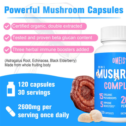 Mushroom Supplement 2600mg, 20-IN-1 Mushroom Complex - Lions Mane, Cordyceps