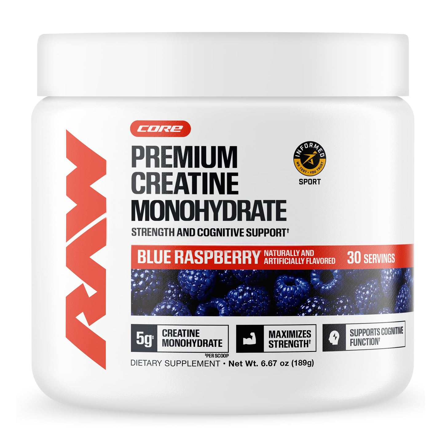 RAW Nutrition Creatine Monohydrate Powder, Unflavored (30 Servings) - Micronized Creatine Monohydrate Supplement for Workout Performance, Build Muscle & Strength - Creatine Powder for Men & Women