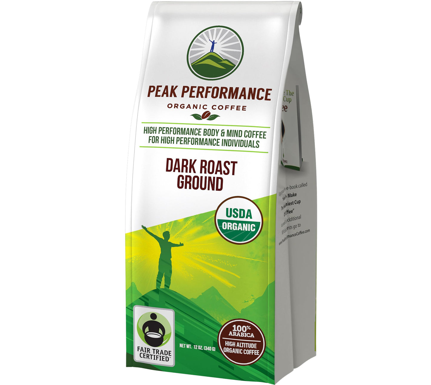 Peak Performance High Altitude Organic Coffee - Fair Trade, Low Acid, Non GMO, and Beans Full of Antioxidants - Medium Roast Smooth Tasting USDA Certified Organic Ground Coffee Bag 12 oz