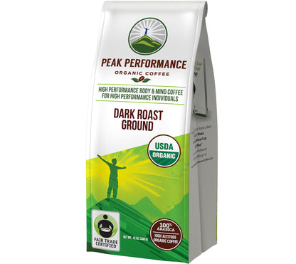 Peak Performance High Altitude Organic Coffee - Fair Trade, Low Acid, Non GMO, and Beans Full of Antioxidants - Medium Roast Smooth Tasting USDA Certified Organic Ground Coffee Bag 12 oz