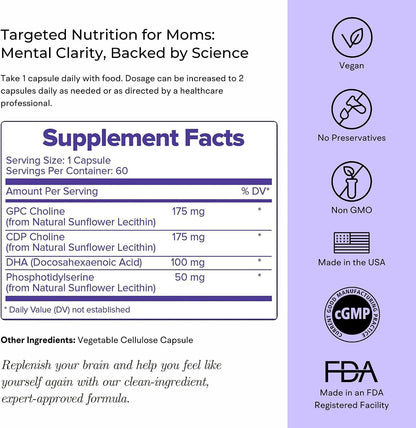 Mommy Brain Postnatal Supplement (60 Capsules) for Cognitive Health, Mood, Energy with GPC and CDP Choline, Phosphatidylserine, Omega-3 DHA