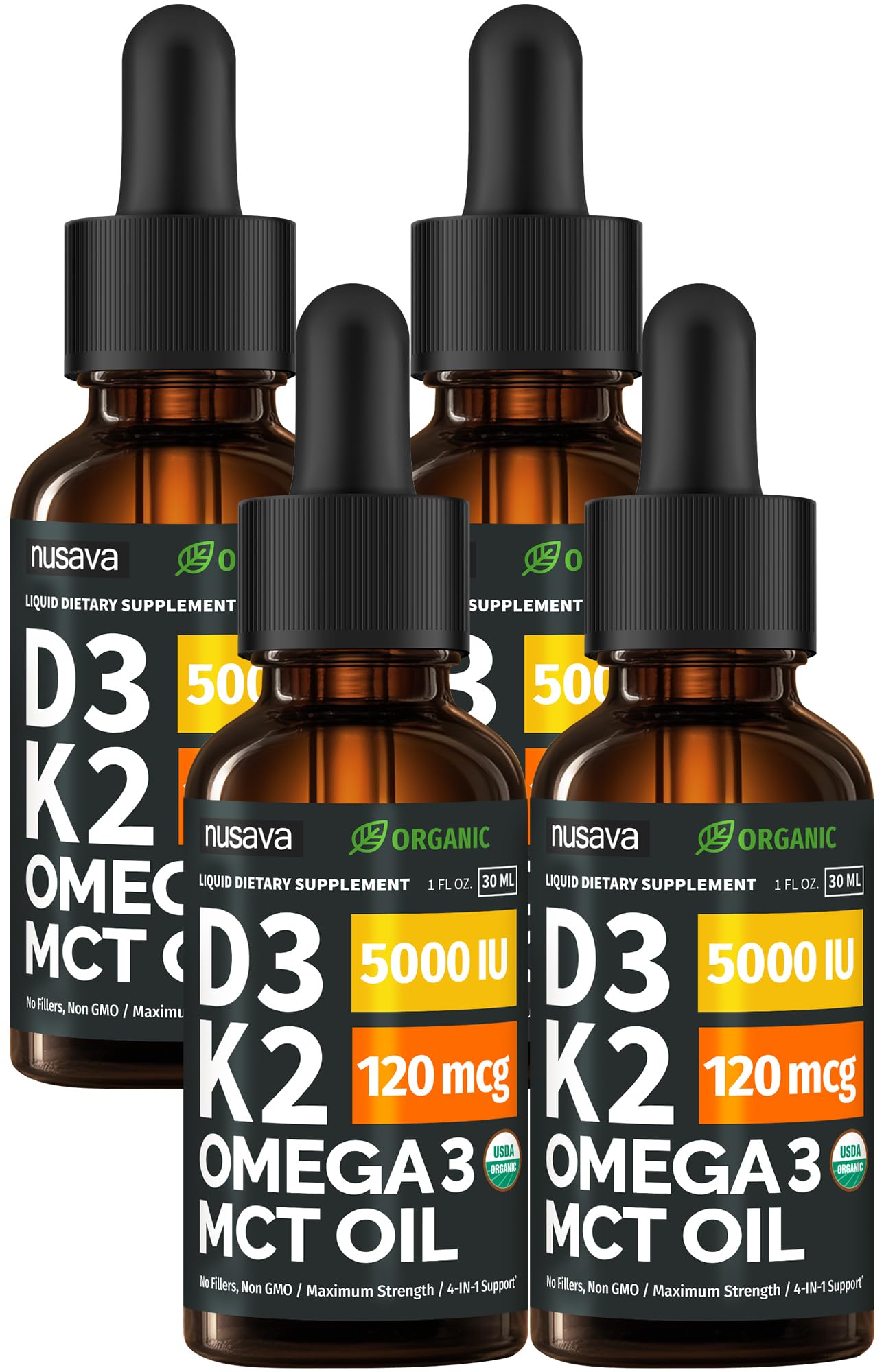 (2 Pack) Organic Vitamin D3 K2 Drops with MCT Oil & Omega 3 - Liquid Vitamin D3 5000 IU - K2 D3 Vitamin Supplement - Vitamin D Drops for Women & Men - No Fillers, Non-GMO, GMP, Unflavored (2 Fl Oz)
