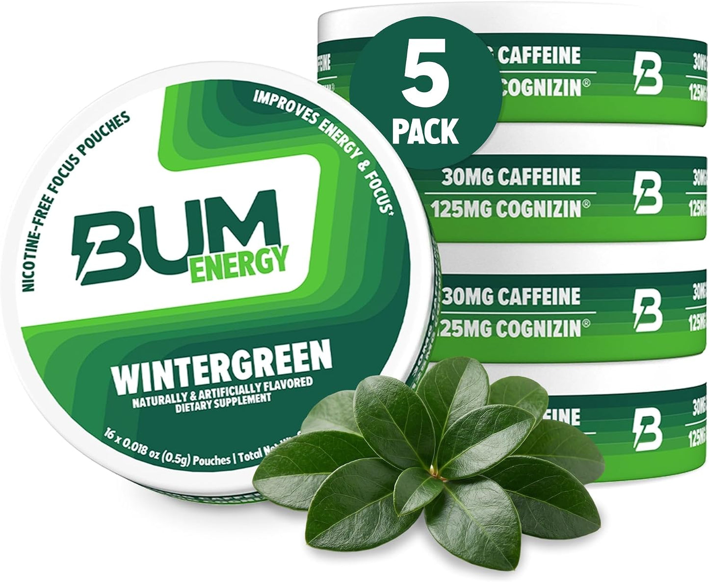 Bum Energy Pouches, Wintergreen, 30mg Caffeine + 125mg Cognizin Citicoline, Clean Energy & Focus, Discreet Oral Energy Pouches, 5 Packs of 16 Count