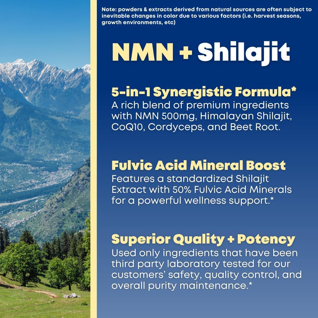 NMN 500mg & Himalayan Shilajit 50% Fulvic Acid Supplement - NAD, Mitochondria & ATP, Cellular Vitality, Trace Mineral Support - CoQ10, Cordyceps Mushroom, Beet Root Extract - 90 Veggie Capsules