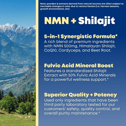 NMN 500mg & Himalayan Shilajit 50% Fulvic Acid Supplement - NAD, Mitochondria & ATP, Cellular Vitality, Trace Mineral Support - CoQ10, Cordyceps Mushroom, Beet Root Extract - 90 Veggie Capsules