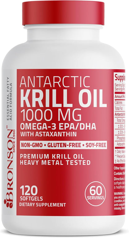 Bronson Antarctic Krill Oil 1000 mg with Omega-3s, 120 Softgels | Heavy Metal Tested, with EPA, DHA, Astaxanthin and Phospholipids, Non-GMO, Gluten Free, Soy Free