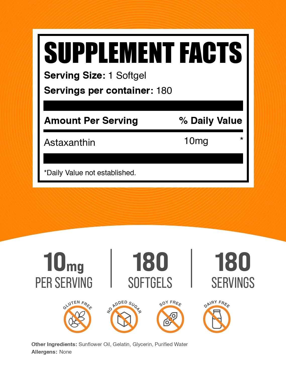 BulkSupplements.com Astaxanthin Softgels - Astaxanthin Supplements, Antioxidant Source - Gluten Free, 1 Softgel per Serving (10mg), 180 Count (Pack of 1)