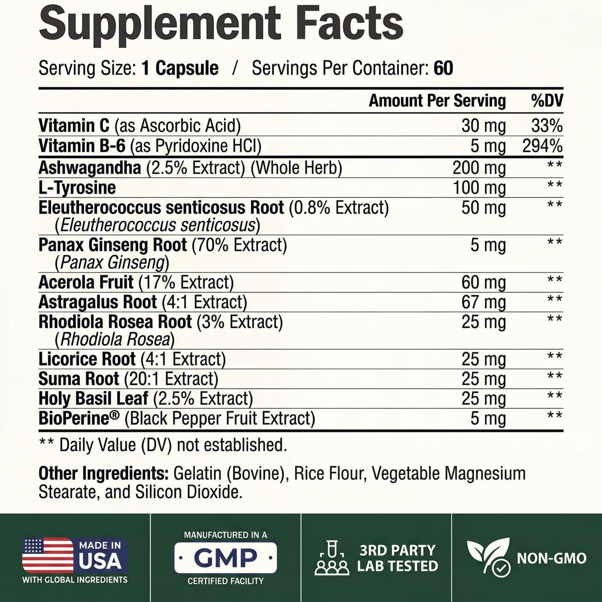 Adrenal Support Supplements with Ashwagandha Rhodiola Holy Basil – Adaptogen Complex – Cortisol Manager & Stress Support – Enhanced Absorption with BioPerine – 60 Capsules, 2 Months Supply