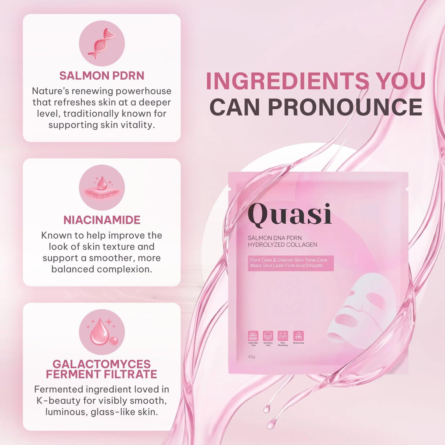 Quasi Salmon PDRN Collagen Mask – Korean Skin care Gel Face Mask for Hydration, Firming & Smoothing Skincare, Collagen Boost & Pore Care – 4 Masks, Non-Irritating, Natural Ingredients
