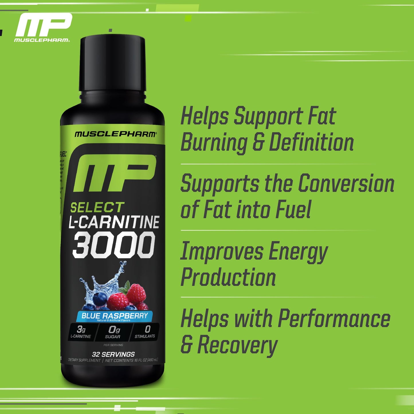 Muscle Pharm L-Carnitine 3000, The Ultimate Liquid L Carnitine Supplement for High-Performance, Supports Metabolism, Hydration & Energy, Zero Sugar, Low Calories, Sour Cherry Flavor, 32 Servings