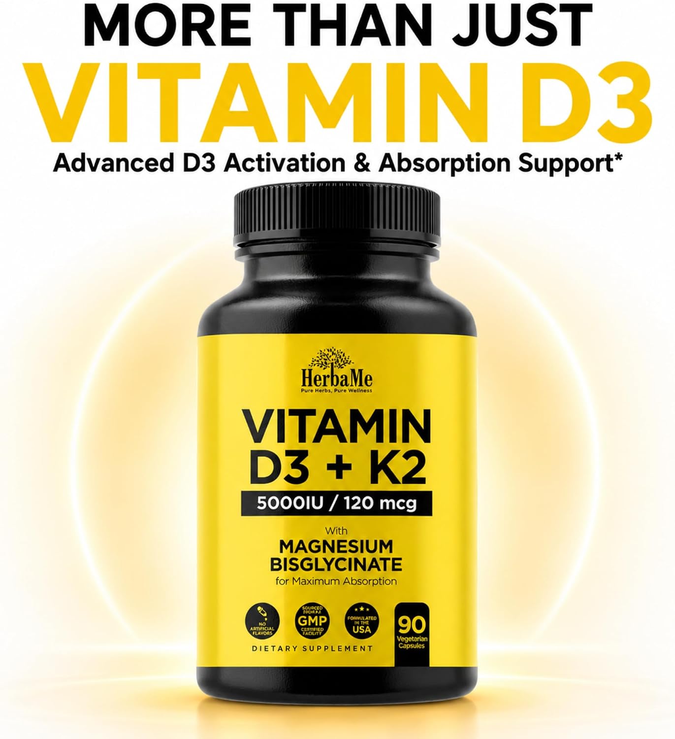 HerbaMe Vitamin D3 5000 IU + K2 with Magnesium Bisglycinate | Complete D3 Activation & Absorption Support Formula | Bone, Muscle & Immune Wellness | 90 Capsules