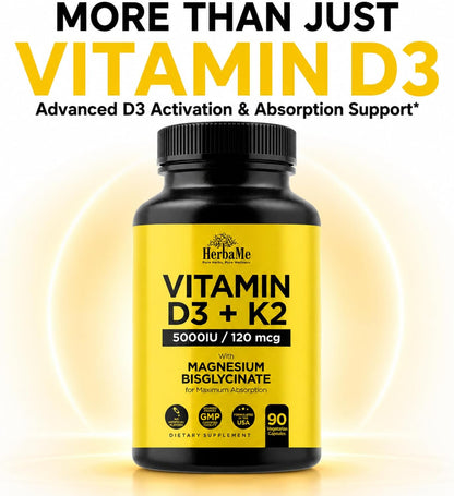 HerbaMe Vitamin D3 5000 IU + K2 with Magnesium Bisglycinate | Complete D3 Activation & Absorption Support Formula | Bone, Muscle & Immune Wellness | 90 Capsules