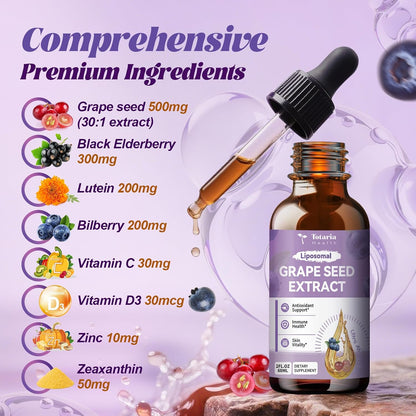 Totaria Grape Seed Extract Liquid Drops | High Potency 95% Polyphenols Antioxidant Supplement for Skin, Heart & Immune Support | Vegan, Gluten Free | Alcohol-Free & Non-GMO | 2FL