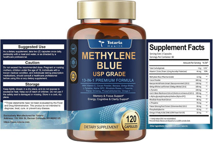 USP Methylene Blue Pharmaceutical Grade, Vitamin C Ester, Bacopa, Phosphatidylserine, Omega-3 Fatty Acids - 13 in 1 Upgrade Patented Brain Formula - Memory, Focus, Clarity, Cognitive, 120 Count