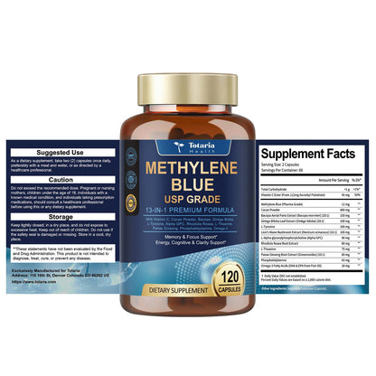 USP Methylene Blue Pharmaceutical Grade, Vitamin C Ester, Bacopa, Phosphatidylserine, Omega-3 Fatty Acids - 13 in 1 Upgrade Patented Brain Formula - Memory, Focus, Clarity, Cognitive, 120 Count