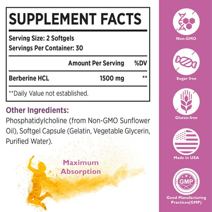 Liposomal Berberine Supplement 1500mg - High Bioavailability Berberine HCL Capsules