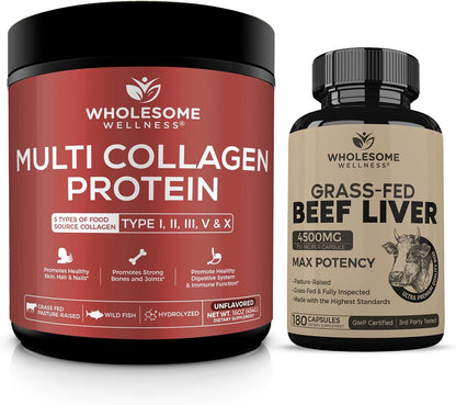 Wholesome Wellness Multi Collagen Protein Powder Hydrolyzed (Type I II III V X) + Grass Fed Desiccated Beef Liver Capsules (180 Pills, 750mg Each) - Natural Iron, Vitamin A, B12 for Energy Bundle