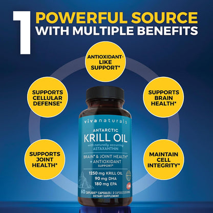 Viva Naturals Antarctic Krill Oil Omega 3 Supplements 1250 mg - DHA EPA Omega-3 & Astaxanthin Concentration for Joint Health, No Fish Burp - 60 Krill Oil Capsules