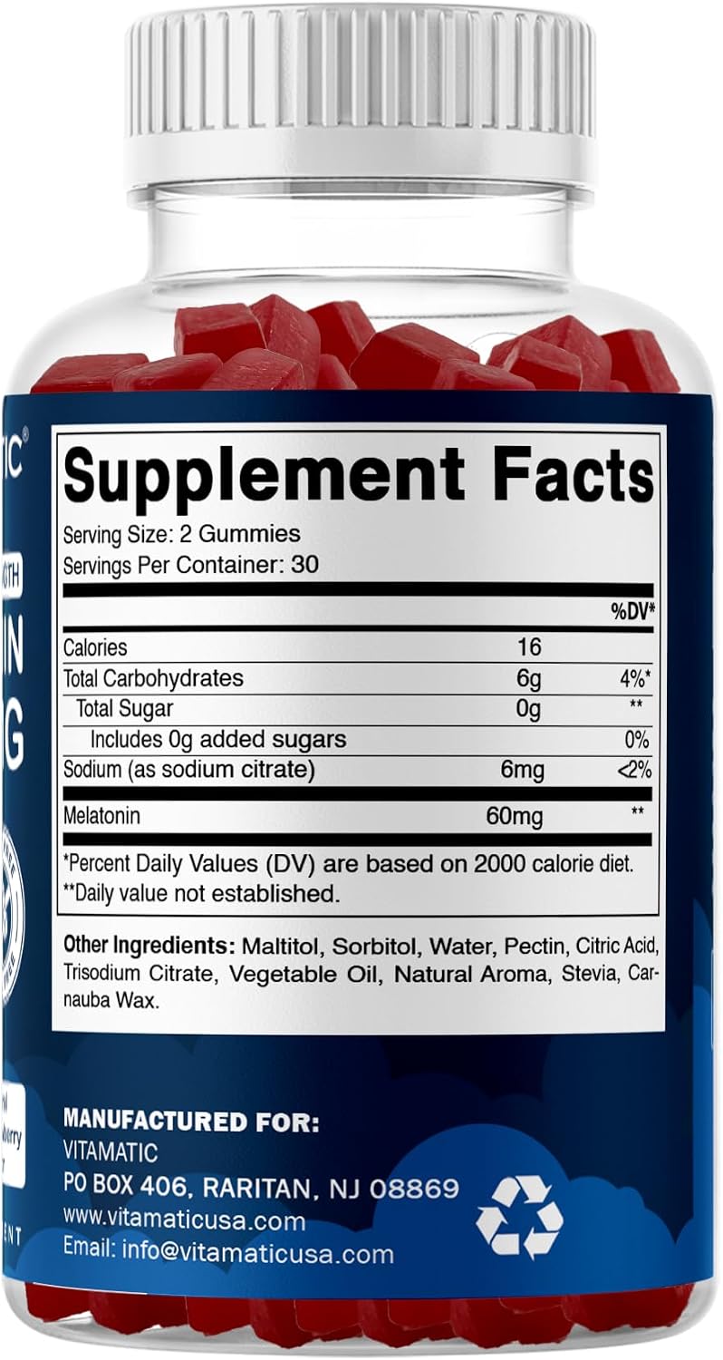 Vitamatic Sugar Free Melatonin 60 mg Per Serving - 60 Vegetarian Gummies | Non-Habit Forming High Potency Melatonin Supplement