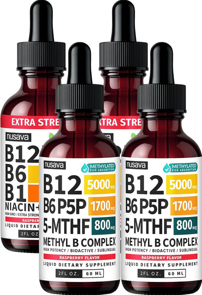 NUSAVA (2-Pack) Methylated B Complex Liquid Drops Raspberry and Liquid Vitamin B12 Drops Raspberry Flavor - Active Methylfolate and B12 Vitamin Sublingual Support for Targeted Daily Wellness