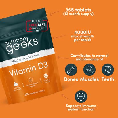 Vegetarian Vitamin D3 4000 iu - 1 Year Supply, 365 Easy-Swallow High Strength Vitamin