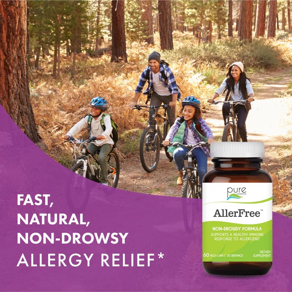 AllerFree Natural Allergy Support Supplement by Pure Essence Labs - Non Drowsy Pills for Sinus and Nasal Health Seasonal Allergies with Enzymes and Herbs - 60 Capsules