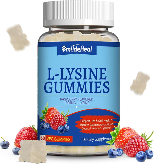 L-Lysine 1000mg Gummies, Chewable Lysine Supplement for Adults | Lysine Gummies for Immune Support, Collagen Formation Support, Vegan, Gluten Free - 60 Counts