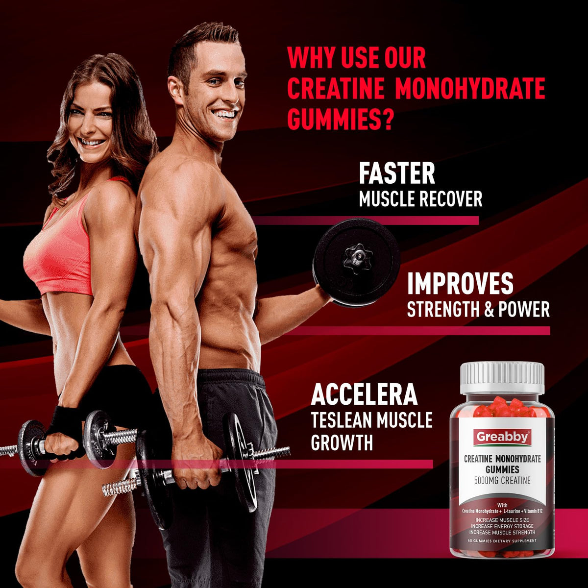 GREABBY Creatine Monohydrate Gummies - 5g Creatine Monohydrate for Women & Men