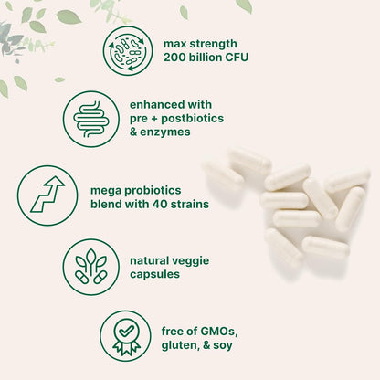 Micro Ingredients Probiotics 200 Billion CFU, 120 Veggie Capsules | Mega Probiotics for Men & Women | 40 Strains with Prebiotics, Postbiotics & Digestive Enzymes | Gut, Immune & Digestive Health