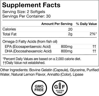 Momentous Omega-3 Fish Oil - High-Potency EPA & DHA Supplement for Men & Women - Supports Heart, Joint, & Brain Health - NSF Certified for Sport - Non-GMO - Gluten-Free - 1,600 mg - 30 Servings